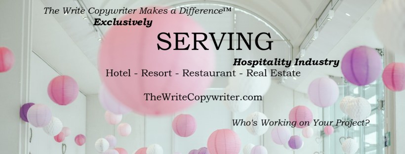 Pink, white, purple balloons in a lobby with *The Write Copywriter Exclusively Serving the Hospitality Industry* in black writing