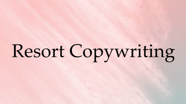 Pink rectangle with *Resort Copywriting* in black letters directing viewer to the resort copywriting page for an explanation of hospitality copywriting by the write copywritere